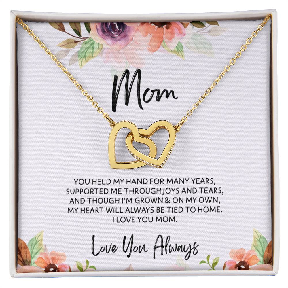 To Mom - Mother's Day Necklace - “My Heart Will Always Be Tied to Home” - Interlocking Hearts Necklace Gift Set - Design Light 6.2