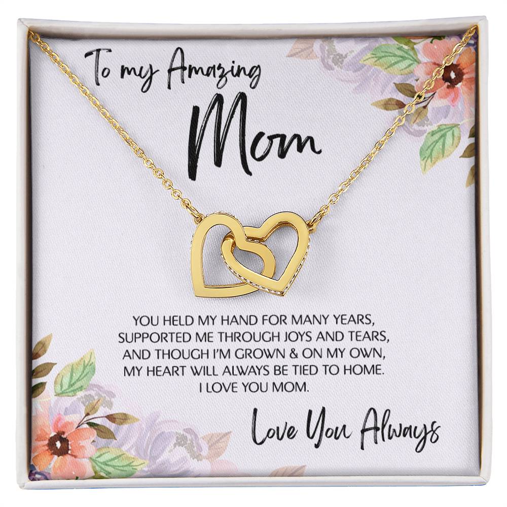 To Mom - Mother's Day Necklace - “My Heart Will Always Be Tied to Home” - Interlocking Hearts Necklace Gift Set - Design Light 6.