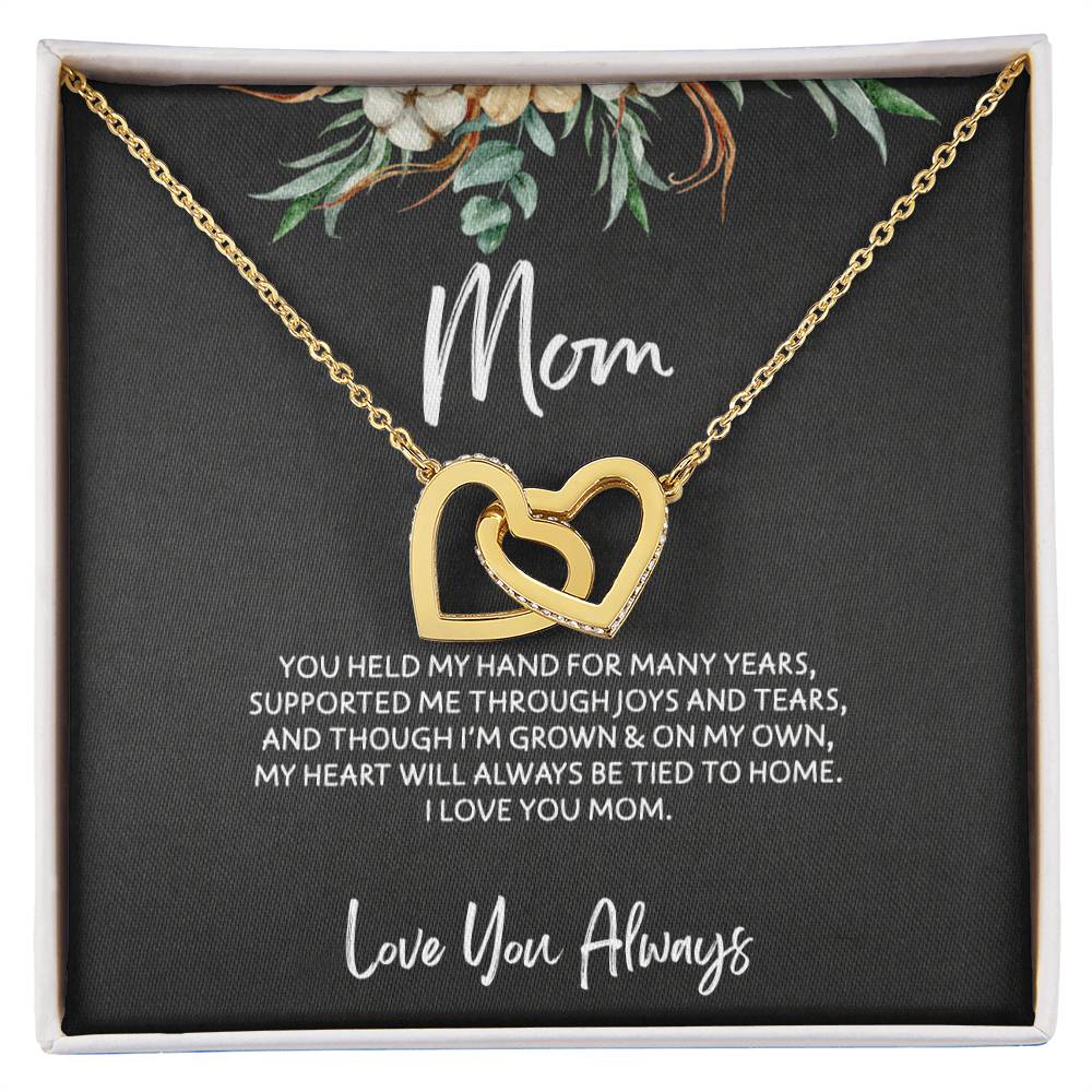 To Mom - Mother's Day Necklace - “My Heart Will Always Be Tied to Home” - Interlocking Hearts Necklace Gift Set - Design Dark 6.2
