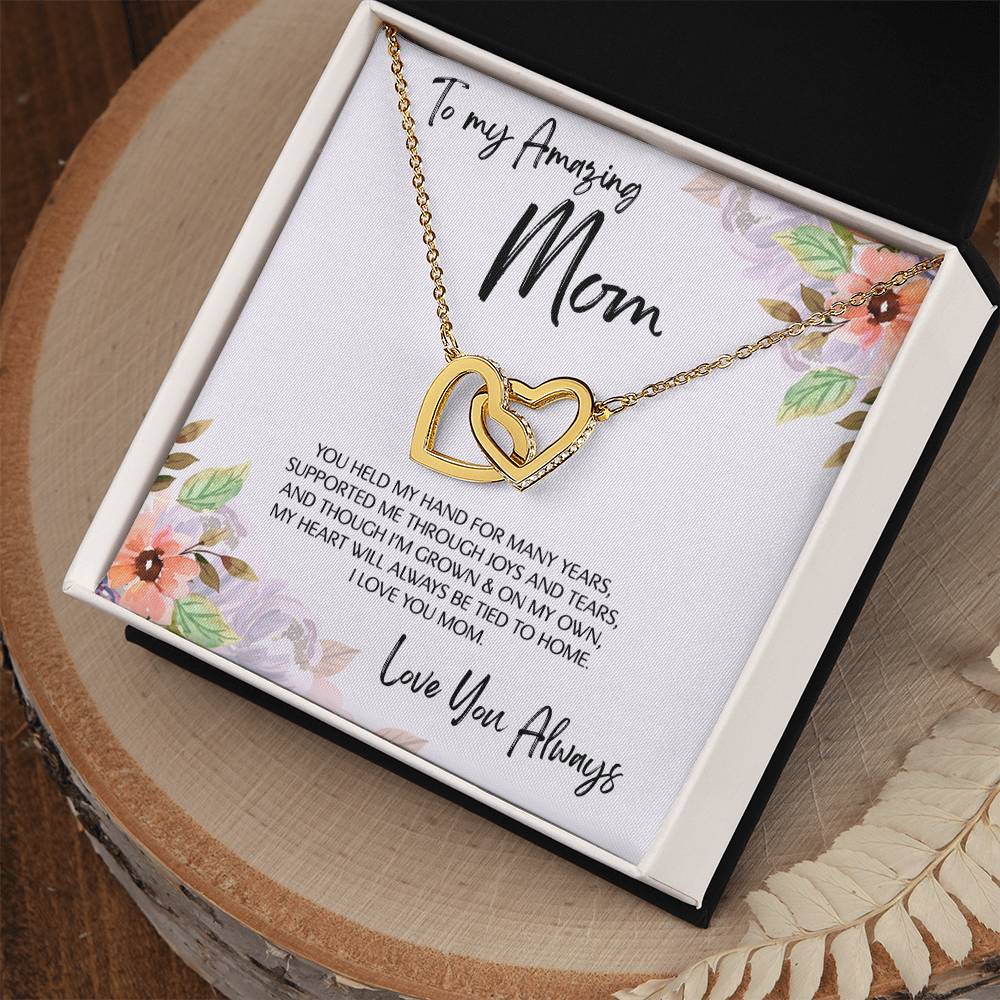 To Mom - Mother's Day Necklace - “My Heart Will Always Be Tied to Home” - Interlocking Hearts Necklace Gift Set - Design Light 6.