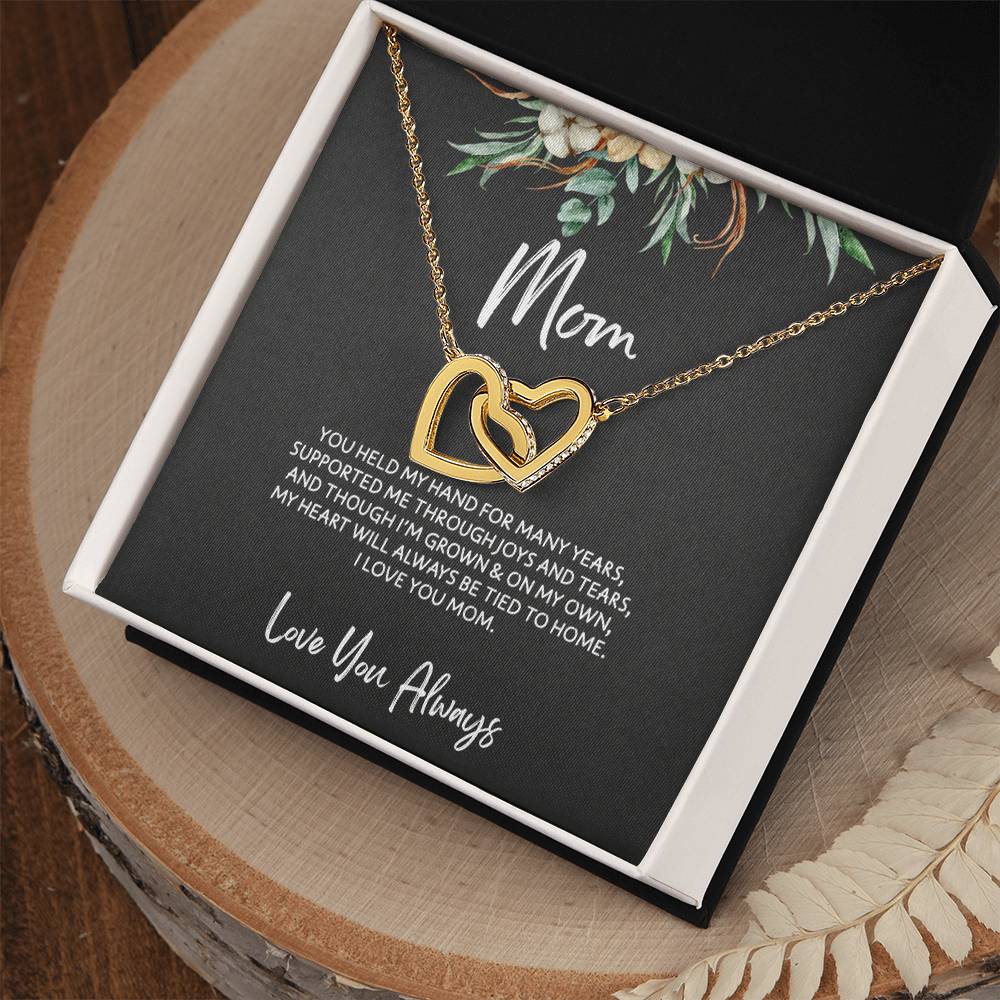 To Mom - Mother's Day Necklace - “My Heart Will Always Be Tied to Home” - Interlocking Hearts Necklace Gift Set - Design Dark 6.2