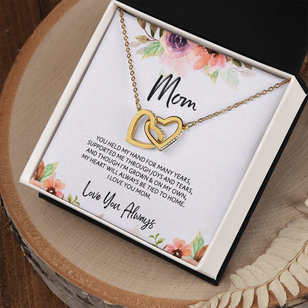 To Mom - Mother's Day Necklace - “My Heart Will Always Be Tied to Home” - Interlocking Hearts Necklace Gift Set - Design Light 6.2