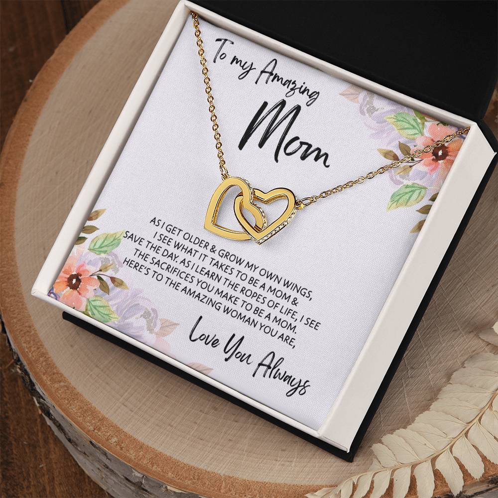 To Mom - Mother's Day Necklace - "Here's to an Amazing Woman" - Interlocking Hearts Necklace Gift Set - Design Light 3.1