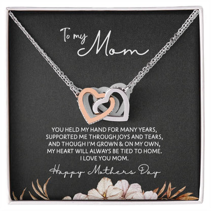 To Mom - Mother's Day Necklace - “My Heart Will Always Be Tied to Home” - Interlocking Hearts Necklace Gift Set - Design Dark 6.3