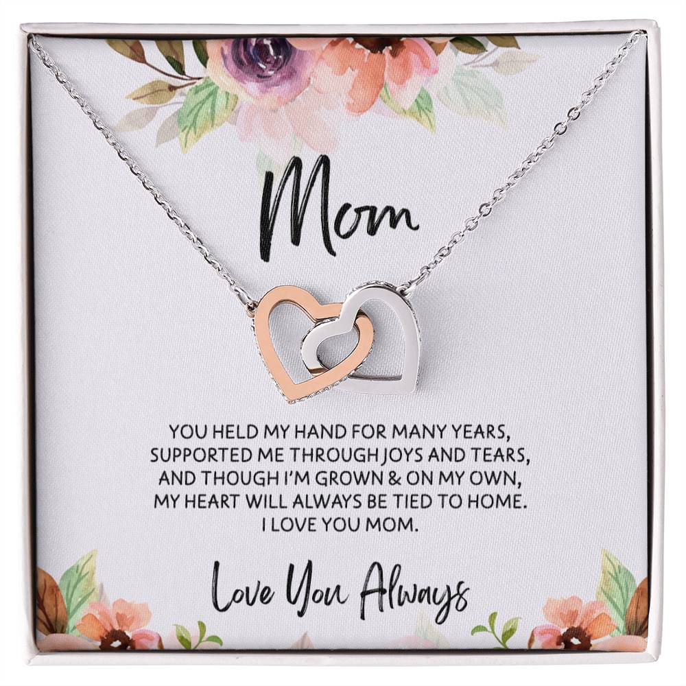 To Mom - Mother's Day Necklace - “My Heart Will Always Be Tied to Home” - Interlocking Hearts Necklace Gift Set - Design Light 6.2