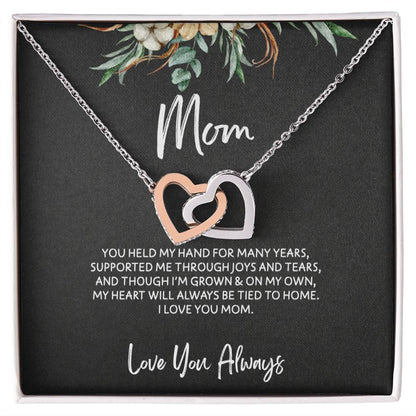 To Mom - Mother's Day Necklace - “My Heart Will Always Be Tied to Home” - Interlocking Hearts Necklace Gift Set - Design Dark 6.2