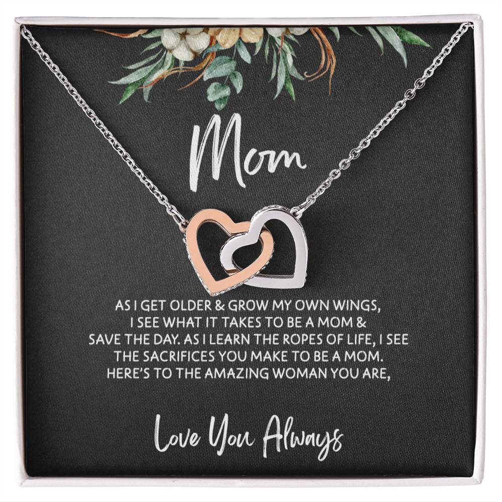 To Mom - Mother's Day Necklace - "Here's to an Amazing Woman" - Interlocking Hearts Necklace Gift Set - Design Dark 3.2