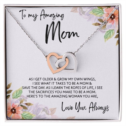 To Mom - Mother's Day Necklace - "Here's to an Amazing Woman" - Interlocking Hearts Necklace Gift Set - Design Light 3.1