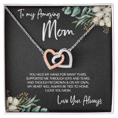 To Mom - Mother's Day Necklace - “My Heart Will Always Be Tied to Home” - Interlocking Hearts Necklace Gift Set - Design Dark 6.1