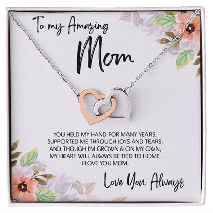 To Mom - Mother's Day Necklace - “My Heart Will Always Be Tied to Home” - Interlocking Hearts Necklace Gift Set - Design Light 6.