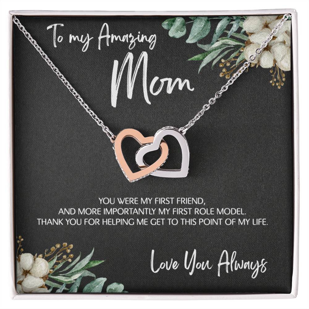 To Mom - Mother's Day Necklace - "You Were My First Friend" - Interlocking Hearts Necklace Gift Set - Design Dark 5.1