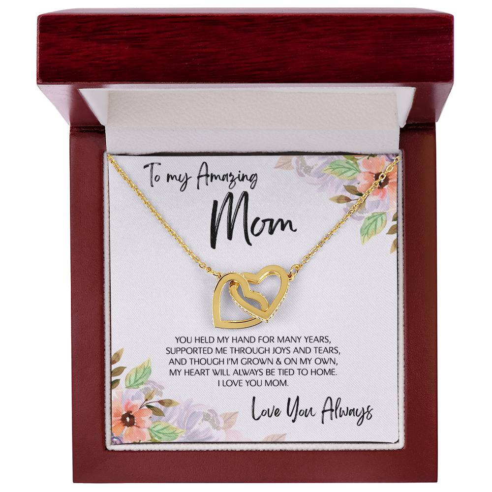 To Mom - Mother's Day Necklace - “My Heart Will Always Be Tied to Home” - Interlocking Hearts Necklace Gift Set - Design Light 6.