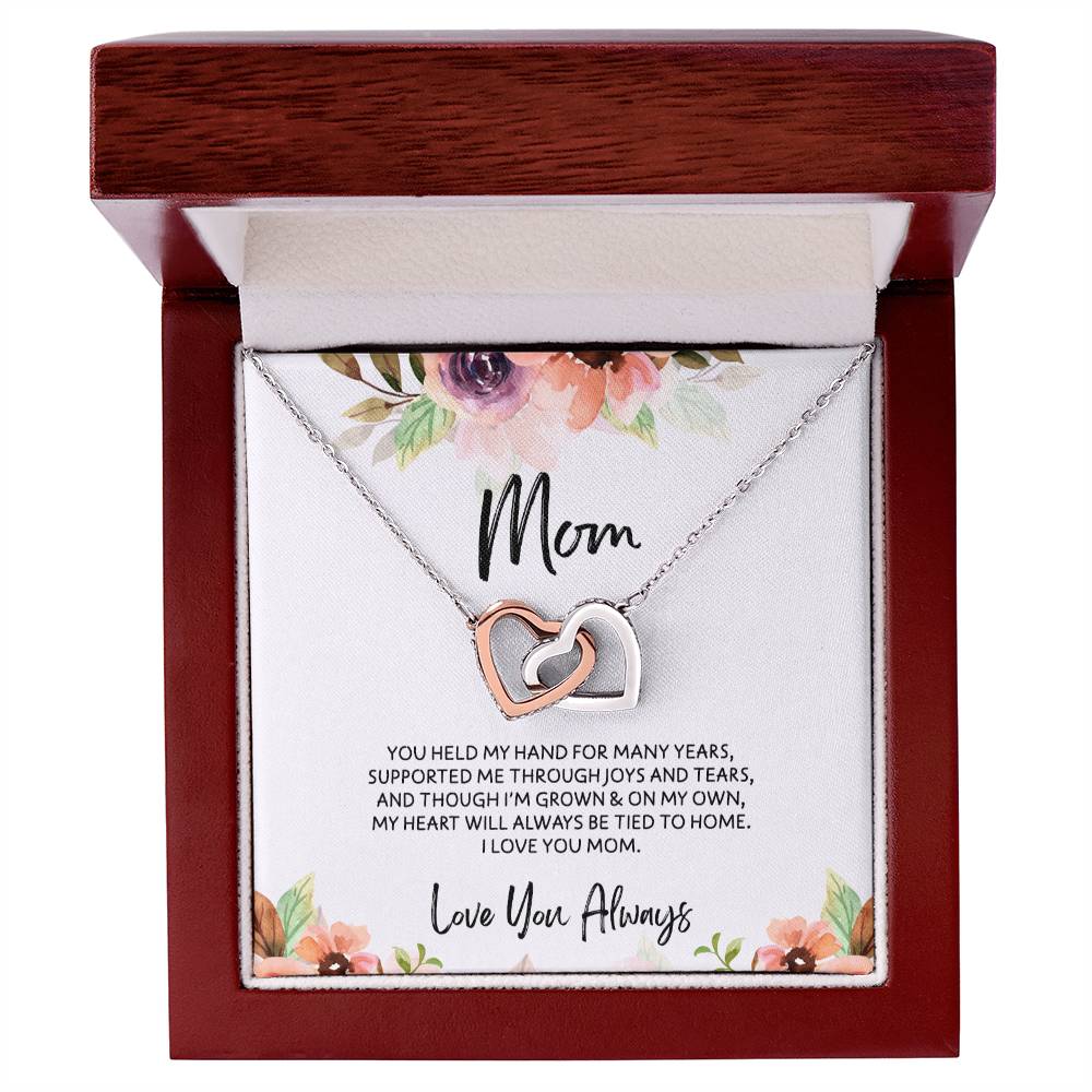 To Mom - Mother's Day Necklace - “My Heart Will Always Be Tied to Home” - Interlocking Hearts Necklace Gift Set - Design Light 6.2