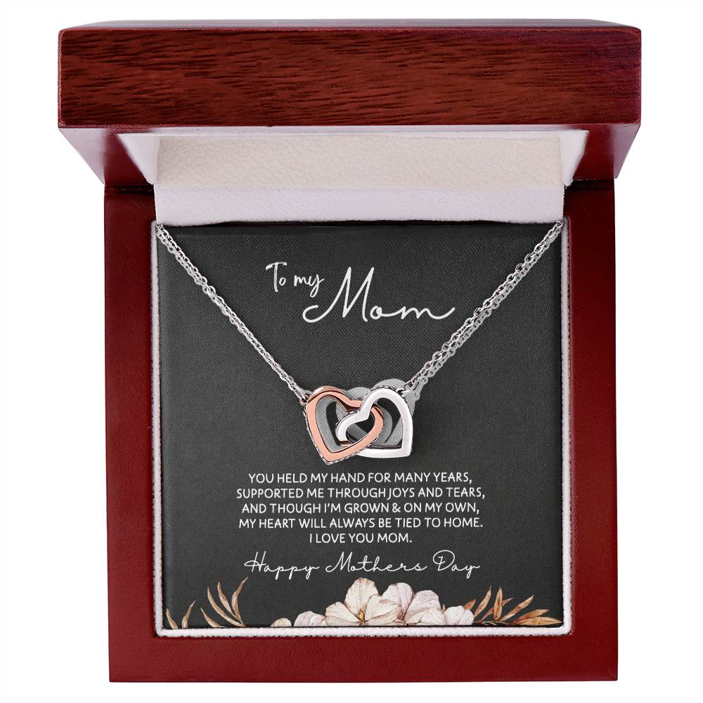 To Mom - Mother's Day Necklace - “My Heart Will Always Be Tied to Home” - Interlocking Hearts Necklace Gift Set - Design Dark 6.3
