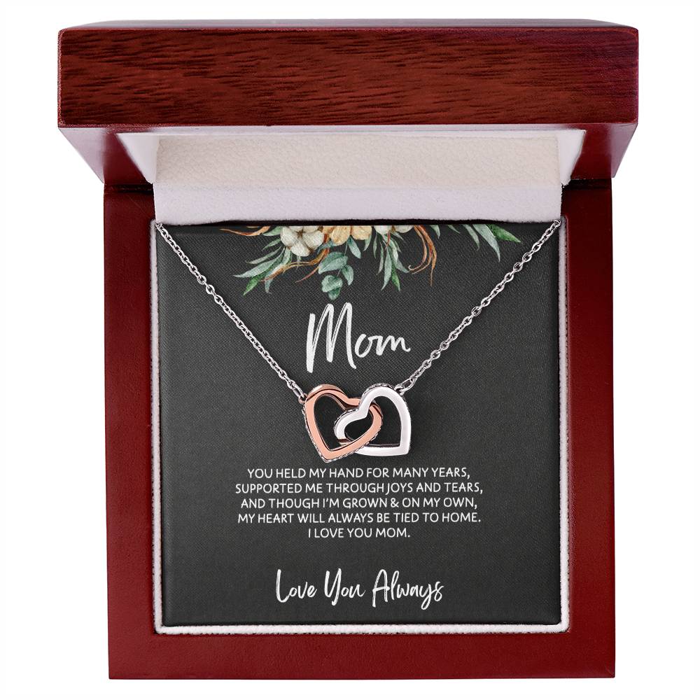 To Mom - Mother's Day Necklace - “My Heart Will Always Be Tied to Home” - Interlocking Hearts Necklace Gift Set - Design Dark 6.2