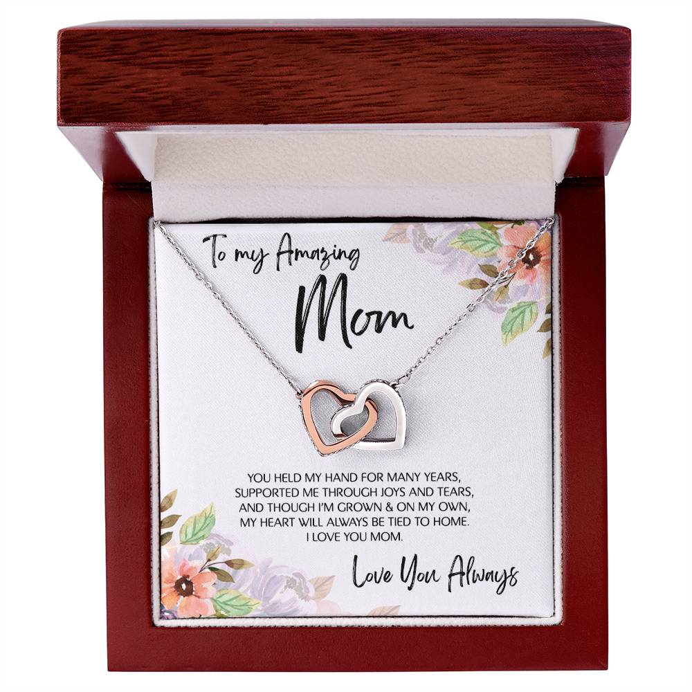 To Mom - Mother's Day Necklace - “My Heart Will Always Be Tied to Home” - Interlocking Hearts Necklace Gift Set - Design Light 6.