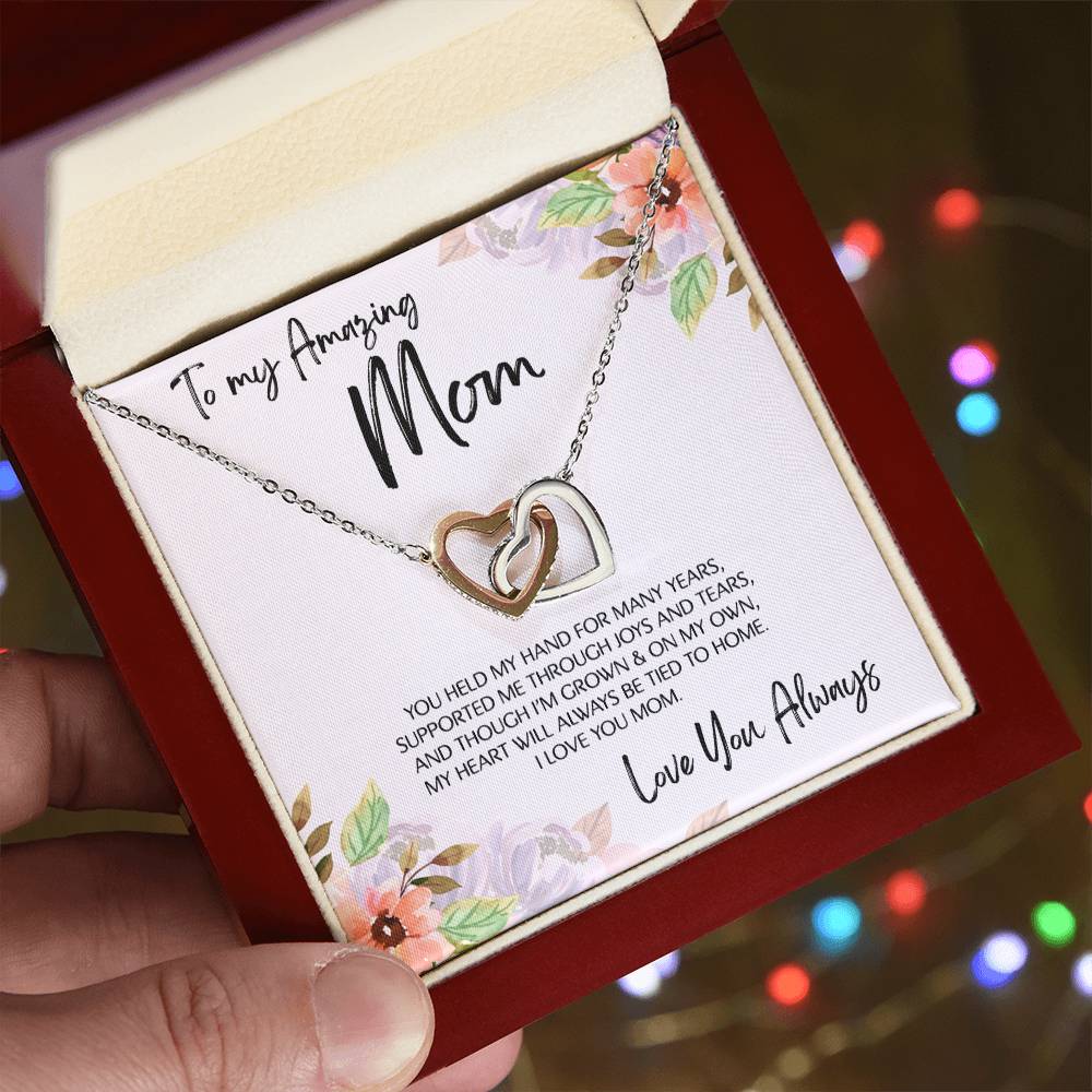 To Mom - Mother's Day Necklace - “My Heart Will Always Be Tied to Home” - Interlocking Hearts Necklace Gift Set - Design Light 6.