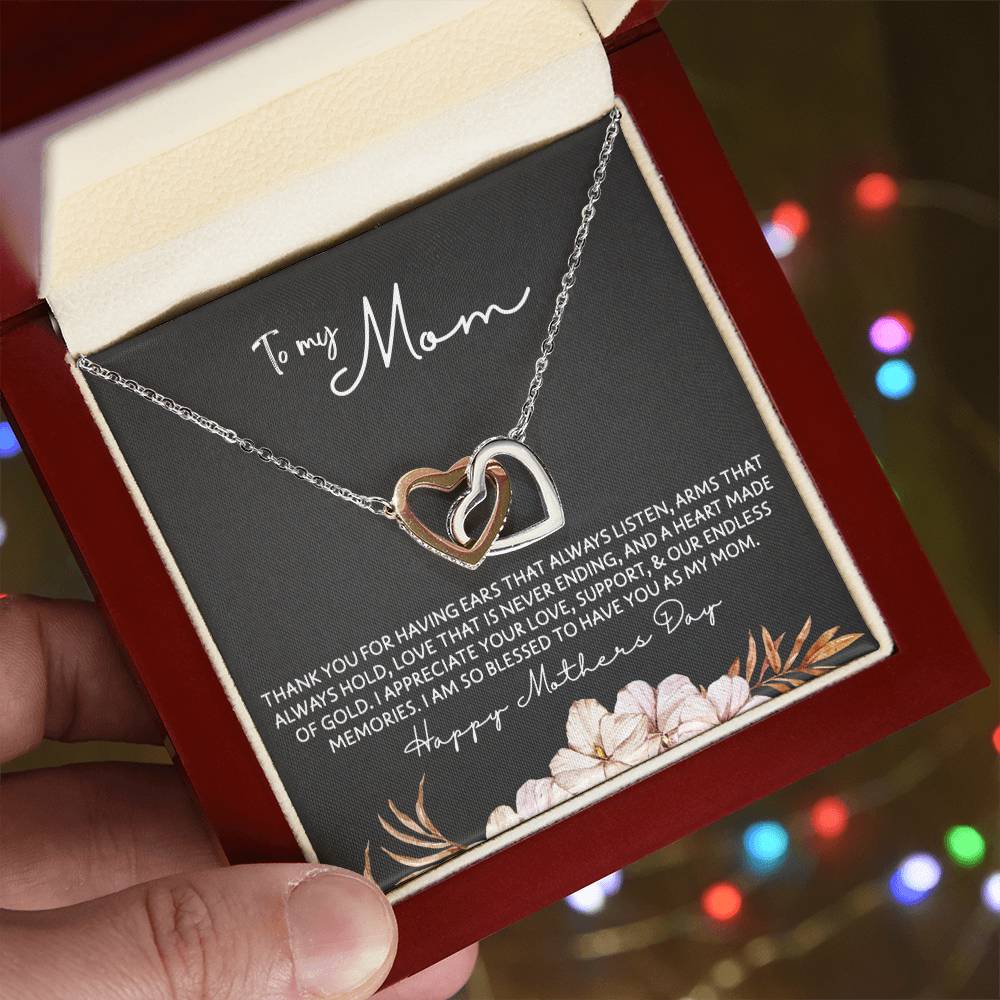 To Mom - Mother's Day Necklace - “I am So Bless to Have you as My Mom” - Interlocking Hearts Necklace Gift Set - Design Dark 10.3