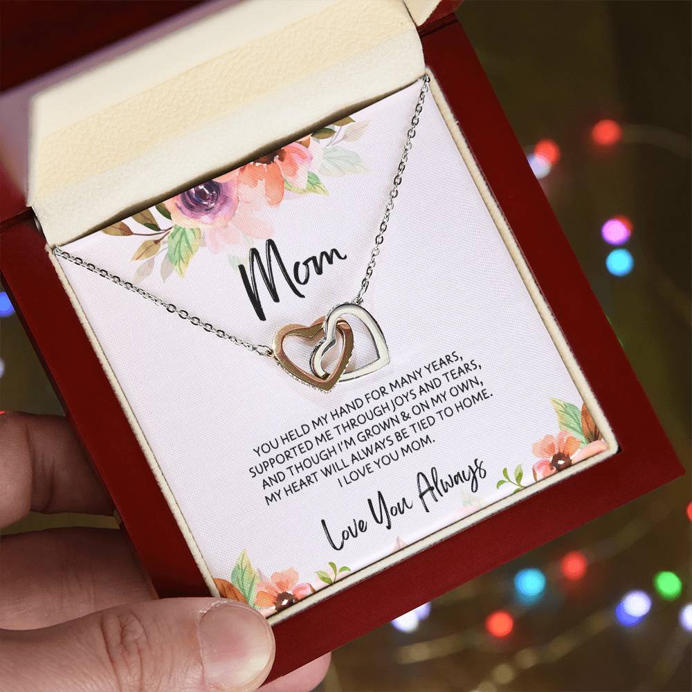 To Mom - Mother's Day Necklace - “My Heart Will Always Be Tied to Home” - Interlocking Hearts Necklace Gift Set - Design Light 6.2