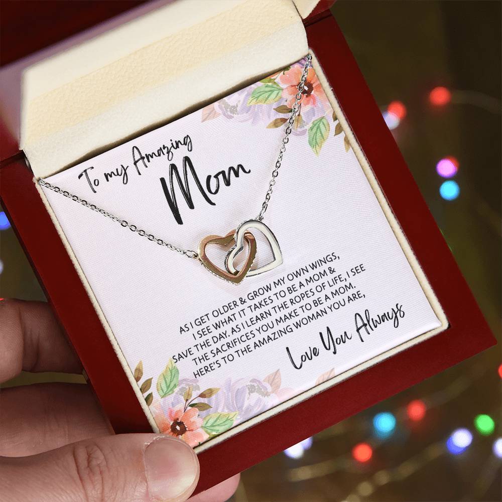 To Mom - Mother's Day Necklace - "Here's to an Amazing Woman" - Interlocking Hearts Necklace Gift Set - Design Light 3.1