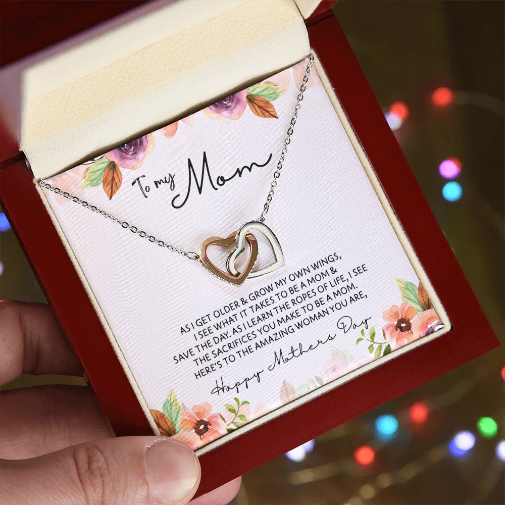 To Mom - Mother's Day Necklace - "Here's to an Amazing Woman" - Interlocking Hearts Necklace Gift Set - Design Light 3.3