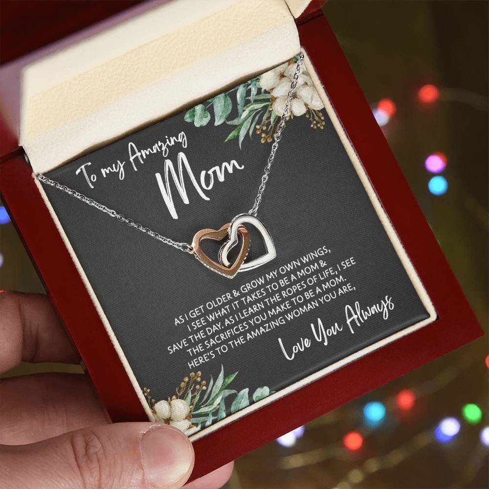 To Mom - Mother's Day Necklace - "Here's to an Amazing Woman" - Interlocking Hearts Necklace Gift Set - Design Dark 3.1