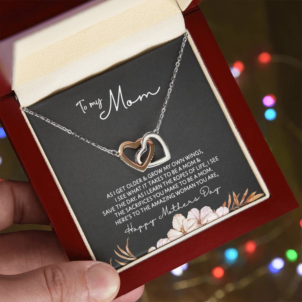 To Mom - Mother's Day Necklace - "Here's to an Amazing Woman" - Interlocking Hearts Necklace Gift Set - Design Dark 3.3