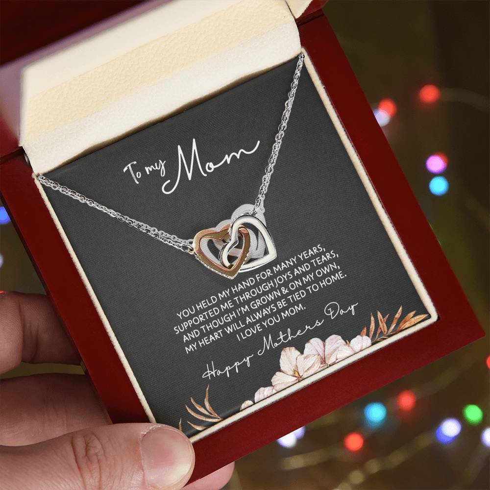 To Mom - Mother's Day Necklace - “My Heart Will Always Be Tied to Home” - Interlocking Hearts Necklace Gift Set - Design Dark 6.3