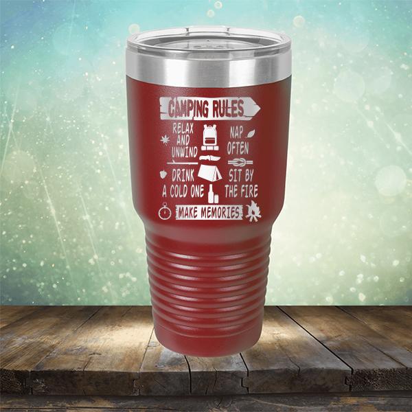 Camping Rules Relax and Unwind Nap Often Drink a Cold One Sit By the Fire Make Memories - Laser Etched Tumbler Mug