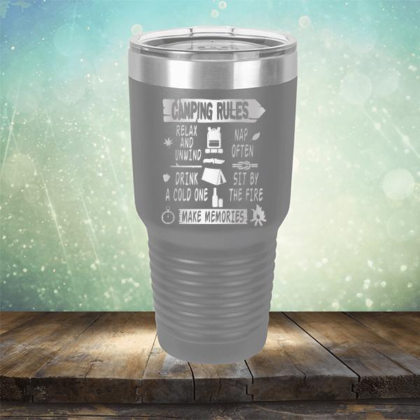 Camping Rules Relax and Unwind Nap Often Drink a Cold One Sit By the Fire Make Memories - Laser Etched Tumbler Mug