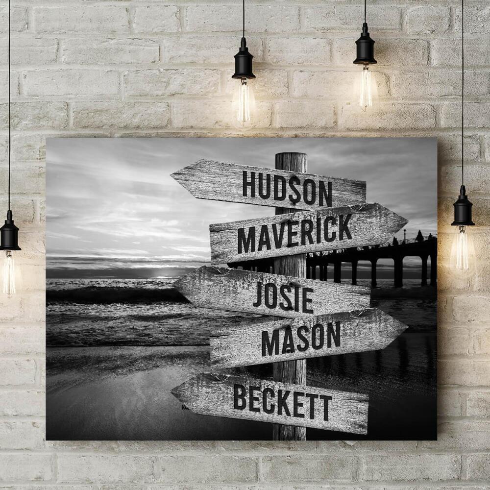Ocean Dock - Multiple Name Canvas Personalized - Vintage Black and White