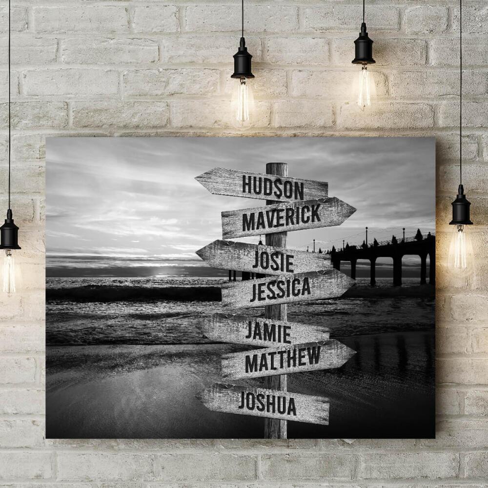 Ocean Dock - Multiple Name Canvas Personalized - Vintage Black and White