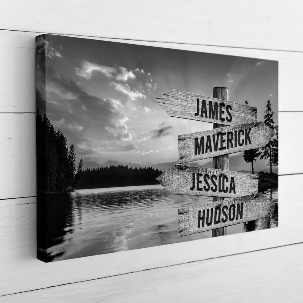 Lake Up North - Multiple Name Canvas Personalized - Vintage Black and White