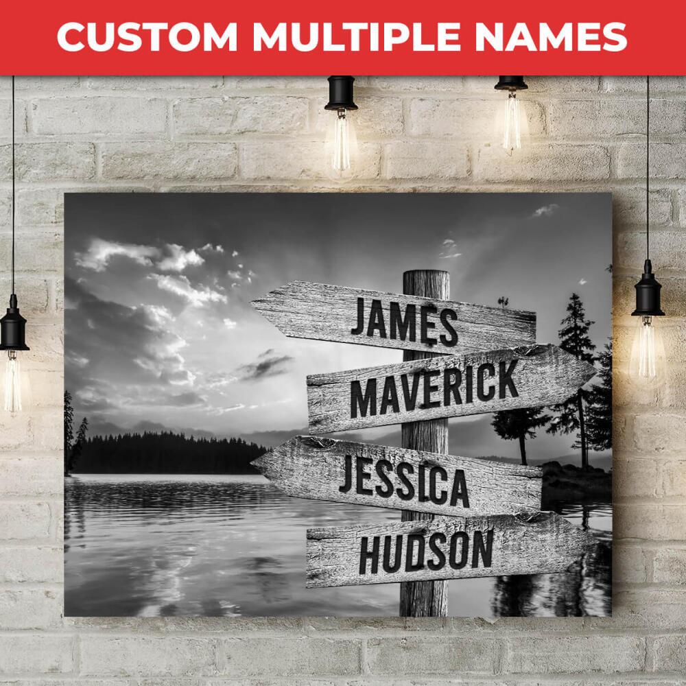 Lake Up North - Multiple Name Canvas Personalized - Vintage Black and White