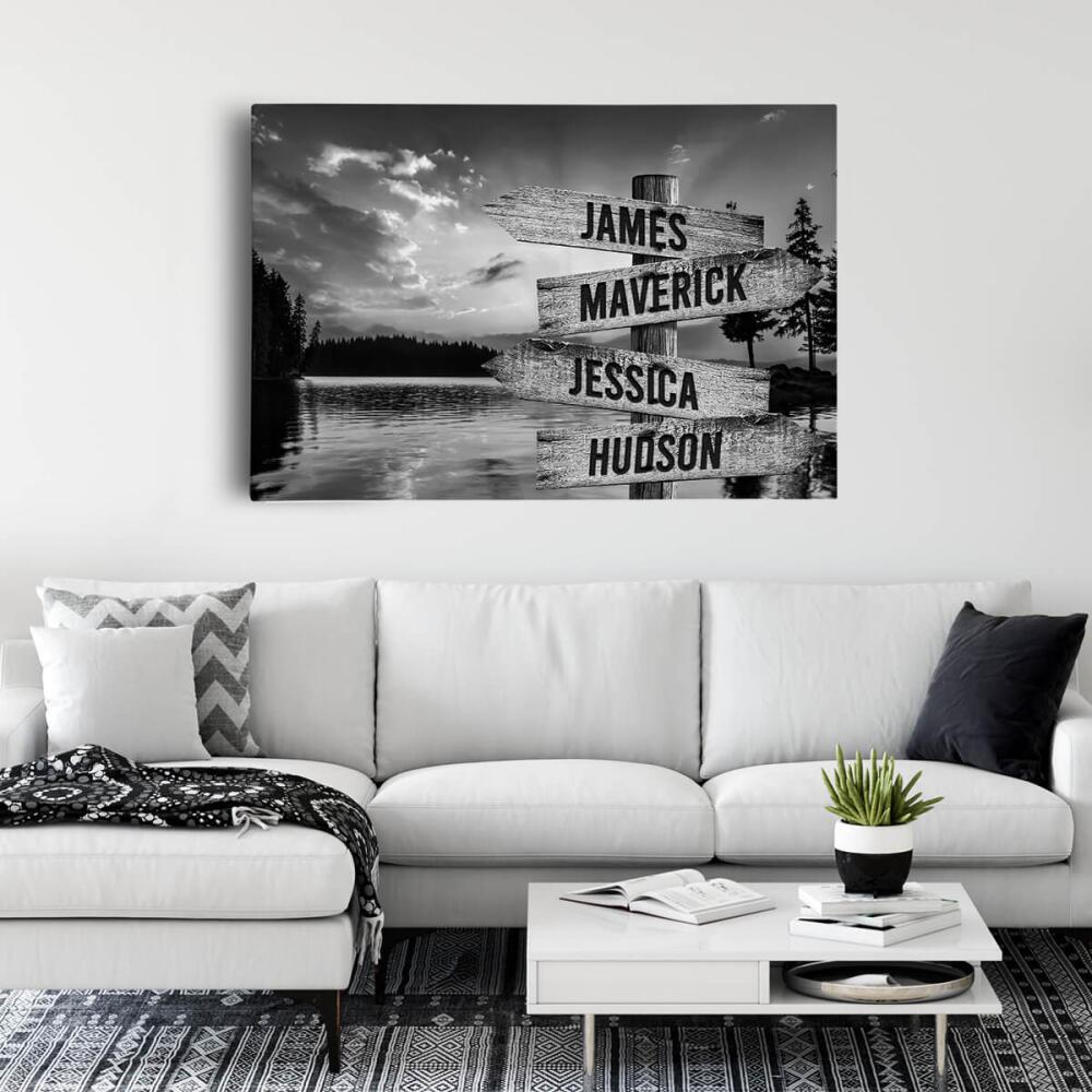 Lake Up North - Multiple Name Canvas Personalized - Vintage Black and White