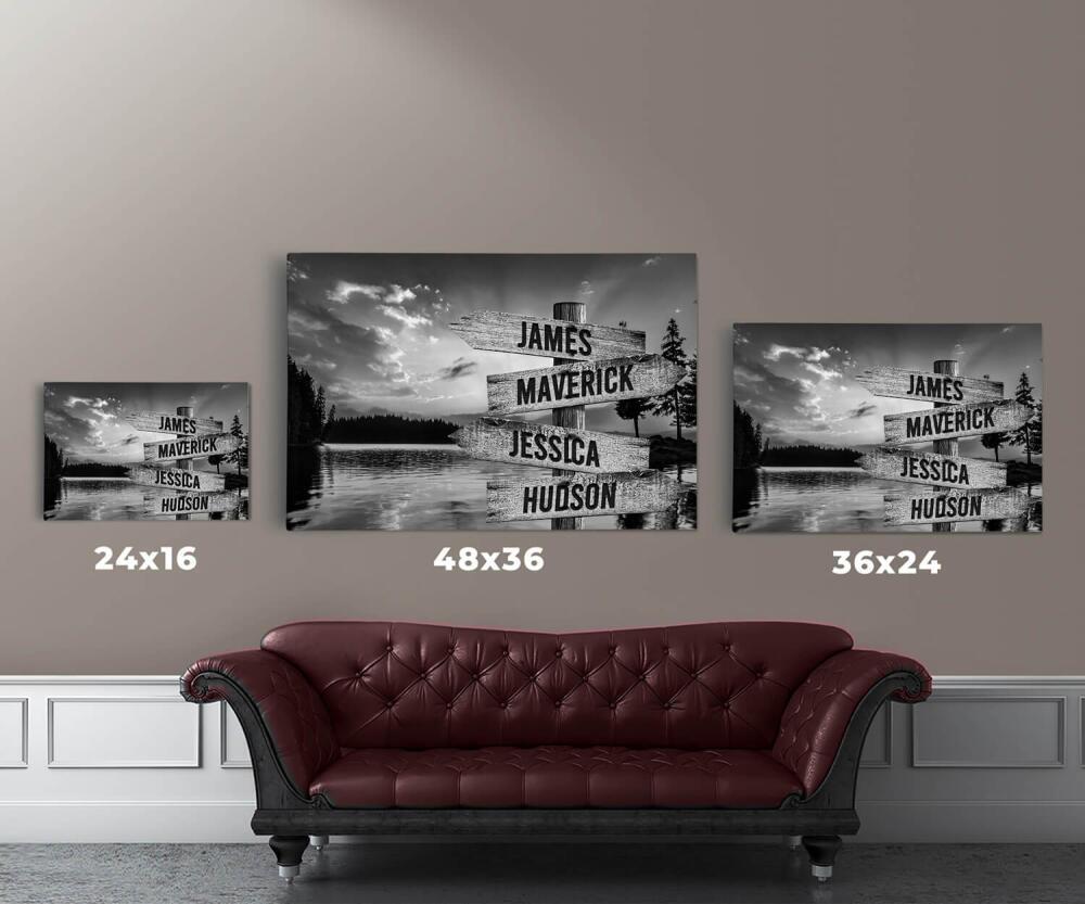 Lake Up North - Multiple Name Canvas Personalized - Vintage Black and White