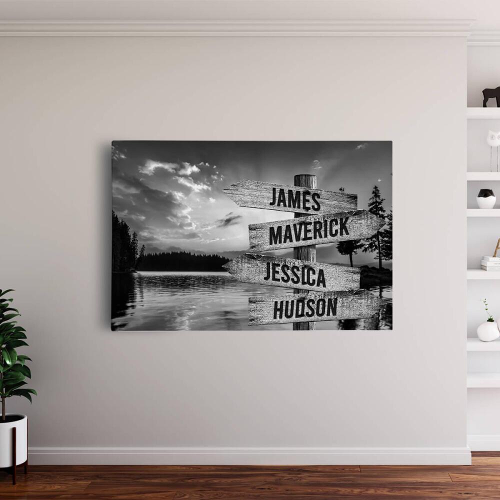Lake Up North - Multiple Name Canvas Personalized - Vintage Black and White