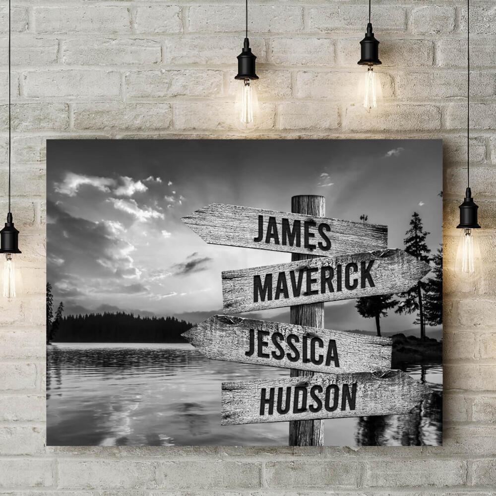 Lake Up North - Multiple Name Canvas Personalized - Vintage Black and White