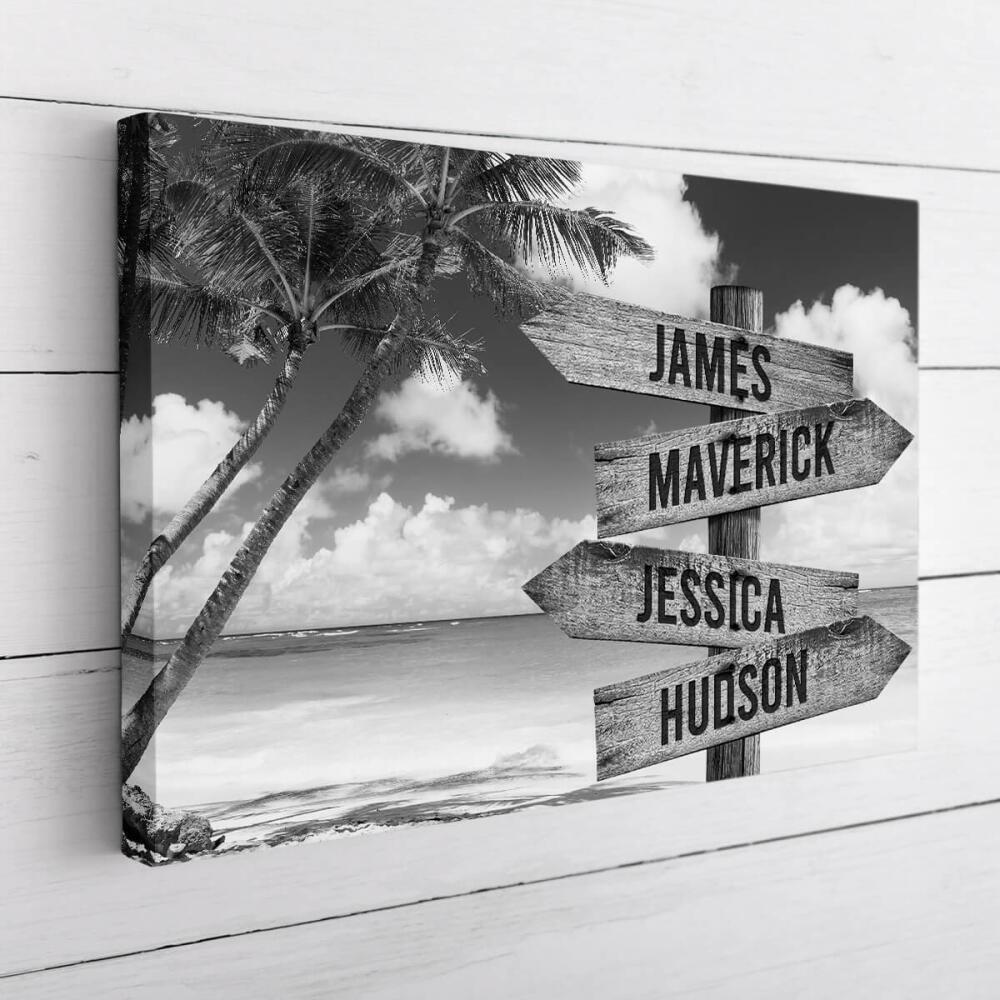 Ocean Palm Tree - Multiple Name Canvas Personalized - Vintage Black and White