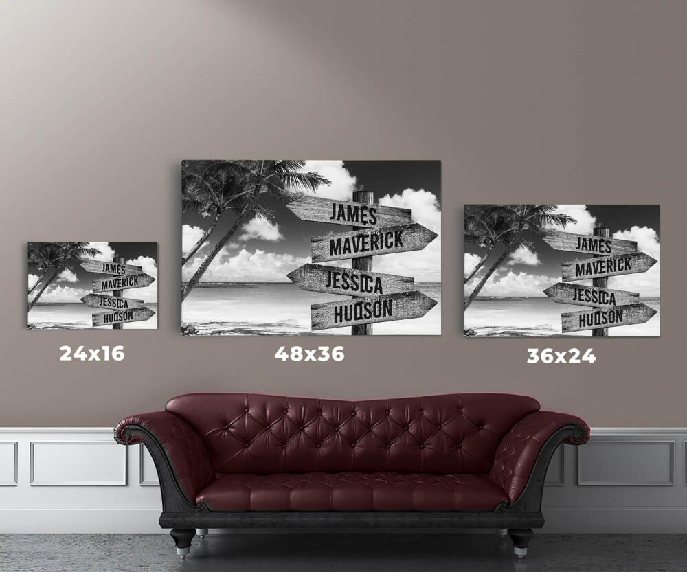 Ocean Palm Tree - Multiple Name Canvas Personalized - Vintage Black and White