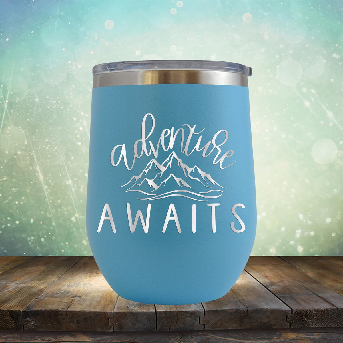Adventure Awaits with Mountain - Stemless Wine Cup