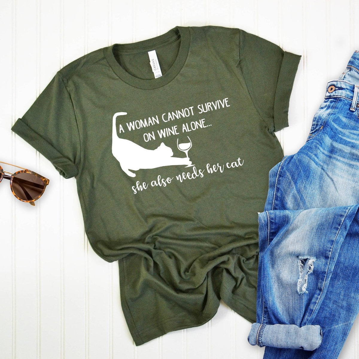 A Woman Cannot Survive on Wine Alone, She also Needs her Cat - Short Sleeve Tee Shirt