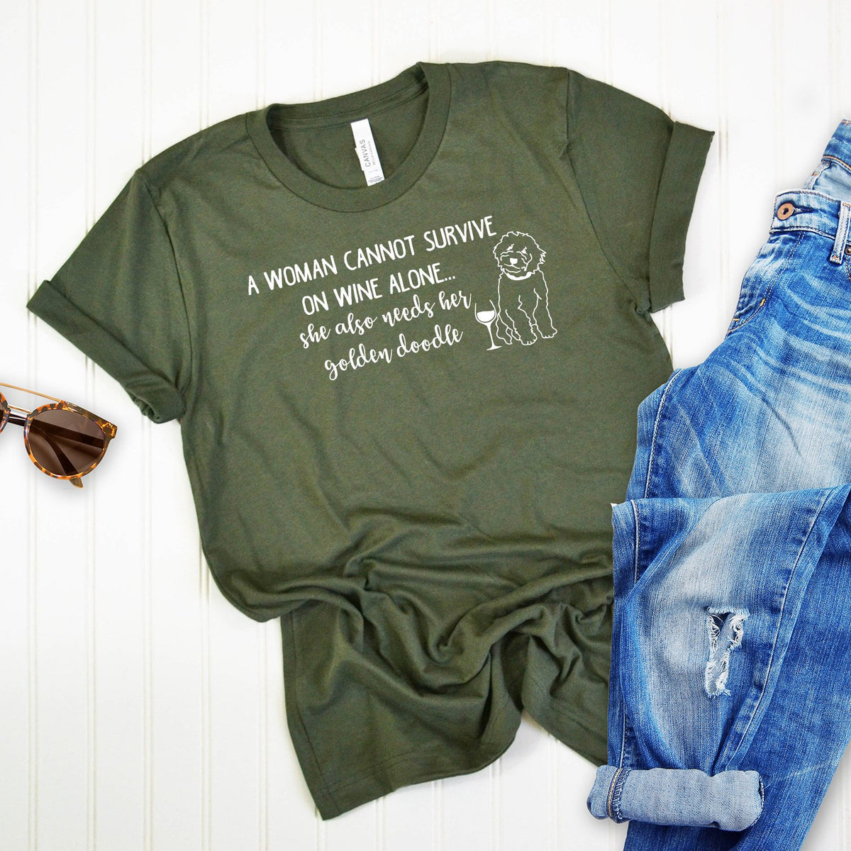 A Woman Cannot Survive on Wine Alone, She also Needs her Golden Doodle - Short Sleeve Tee Shirt
