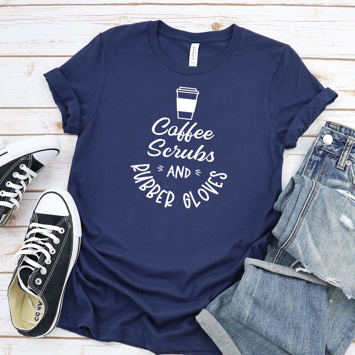 Coffee Scrubs and Rubber Gloves - Short Sleeve Tee Shirt