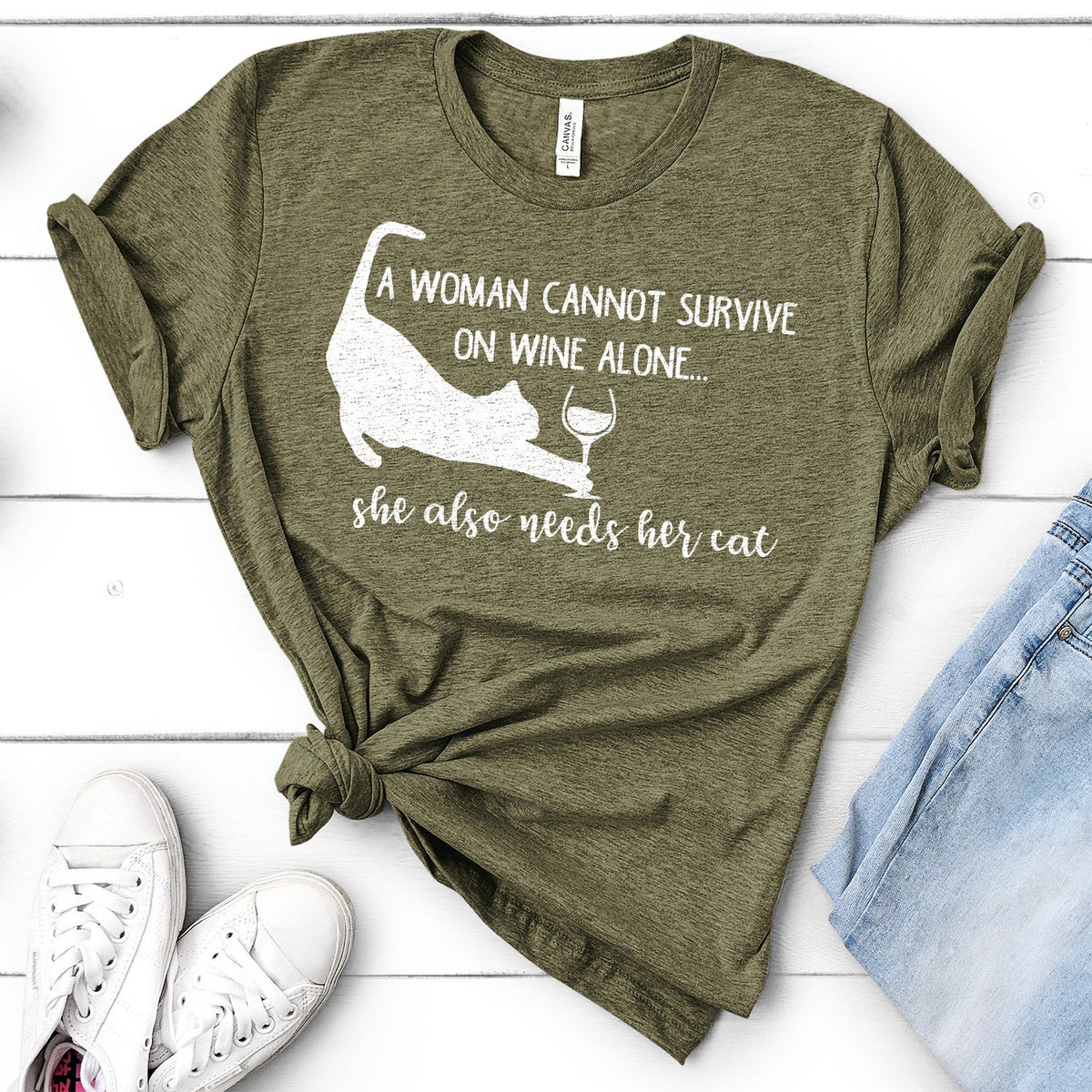 A Woman Cannot Survive on Wine Alone, She also Needs her Cat - Short Sleeve Tee Shirt