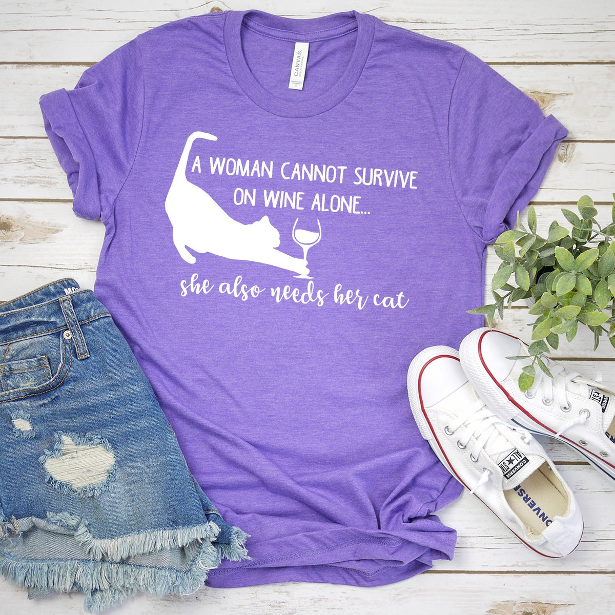 A Woman Cannot Survive on Wine Alone, She also Needs her Cat - Short Sleeve Tee Shirt