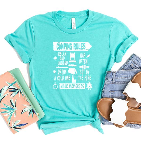 Camping Rules Relax and Unwind Nap Often Drink a Cold One Sit By the Fire Make Memories - Short Sleeve Tee Shirt