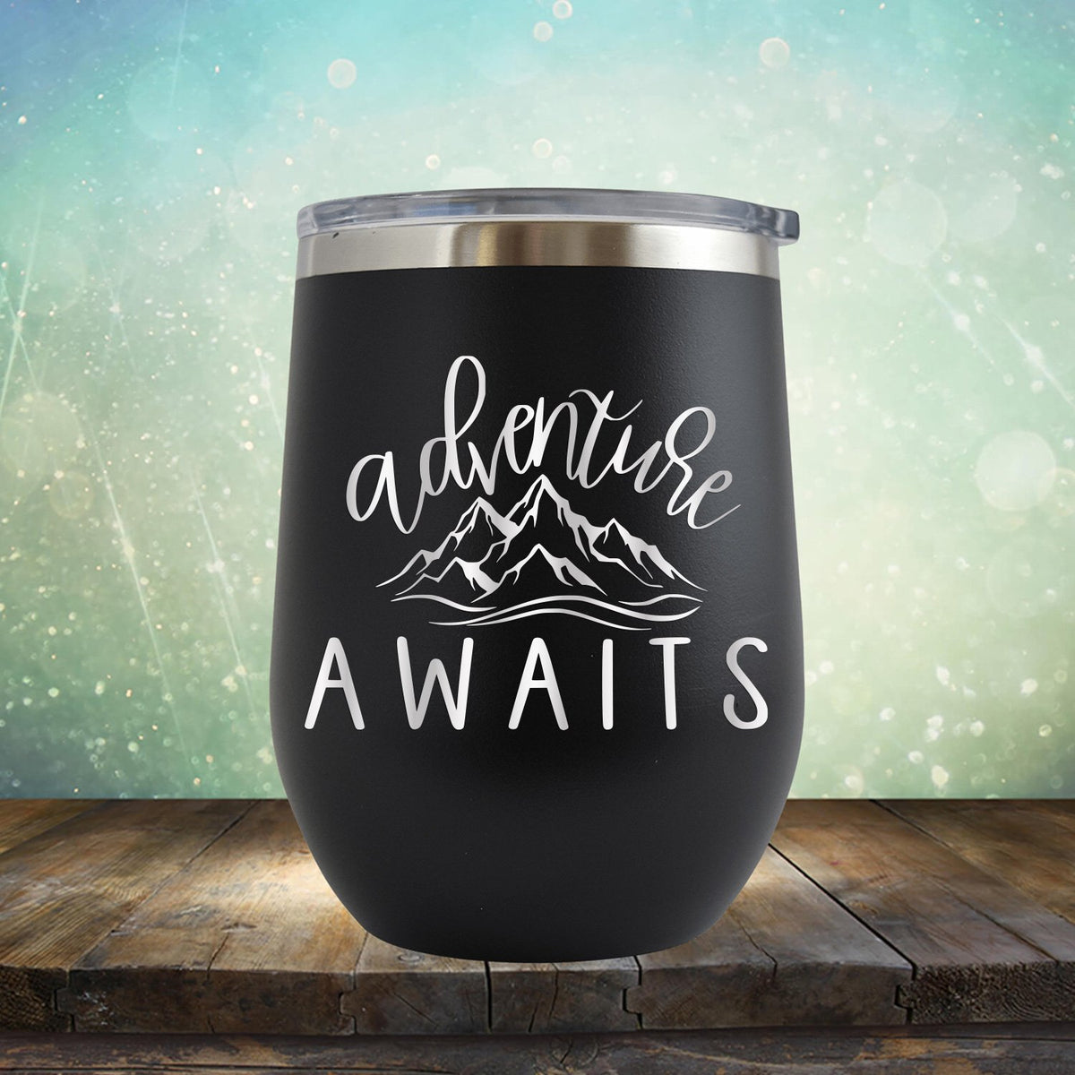 Adventure Awaits with Mountain - Stemless Wine Cup