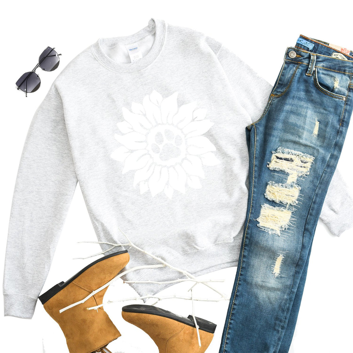 Dog Paw Sunflower - Long Sleeve Heavy Crewneck Sweatshirt