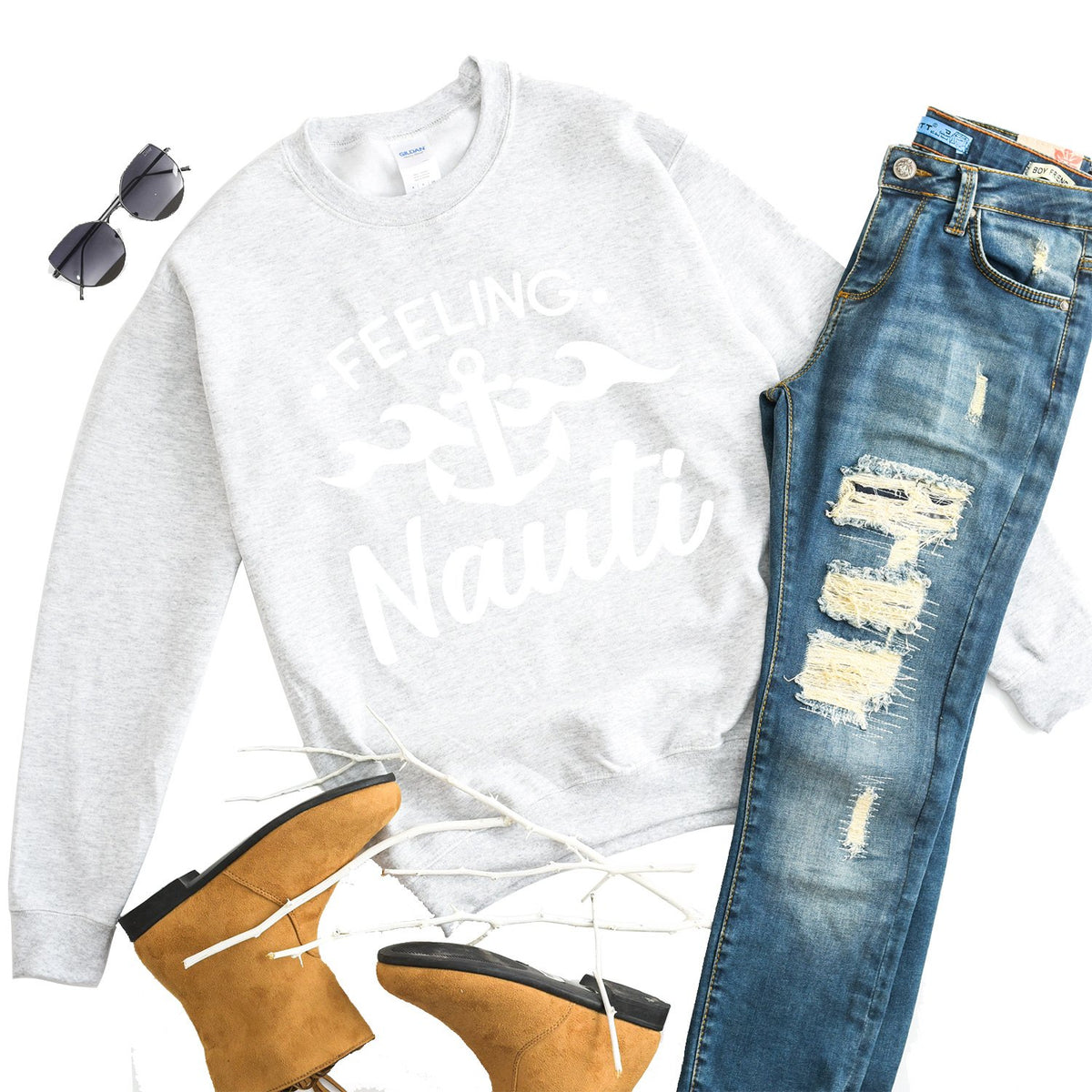 Feeling Nauti with Anchor - Long Sleeve Heavy Crewneck Sweatshirt